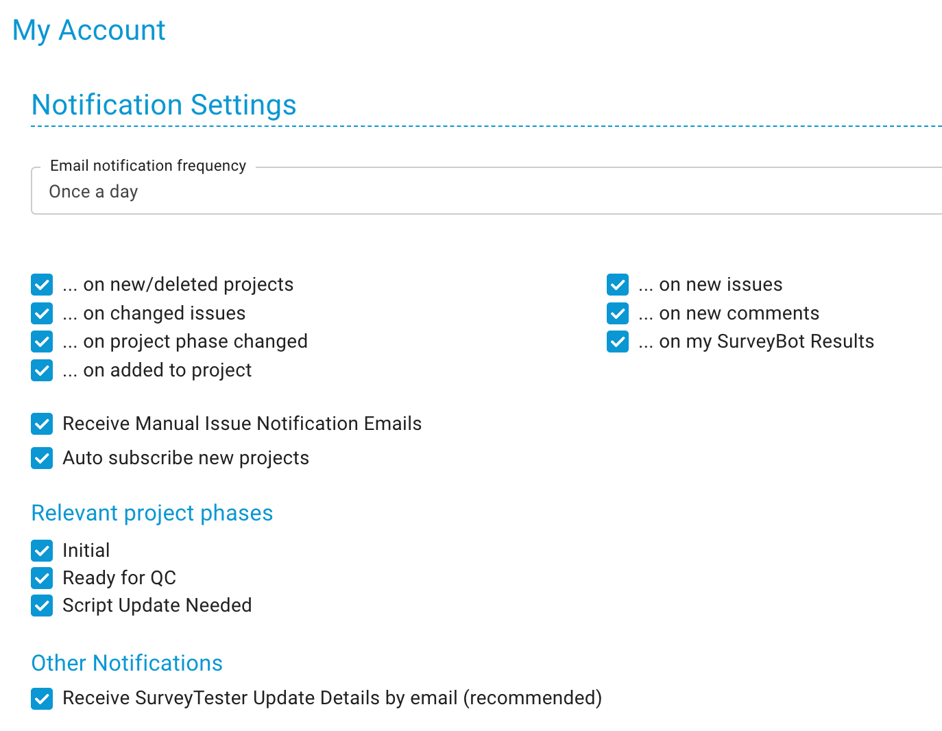Notification Settings in My Account with the email notification frequency, the Relevant project phases checkboxes and the Other Notifications switches