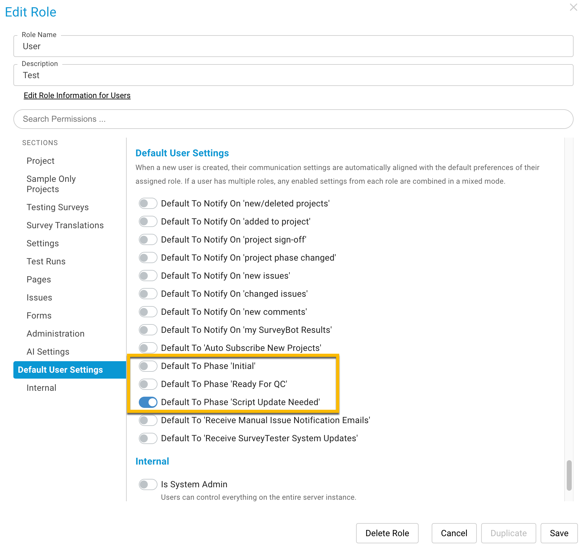 The role settings in Administration → Roles with the Default To Phase options for Initial, Ready For QC and Script Update Needed