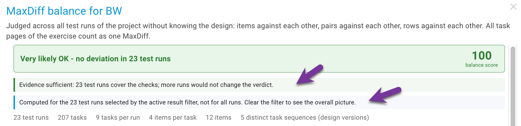 Platzhalter: Screenshot des Balance-Dialogs mit dem blauen Hinweis "Berechnet für die N Testläufe, die der aktive Ergebnisfilter auswählt"