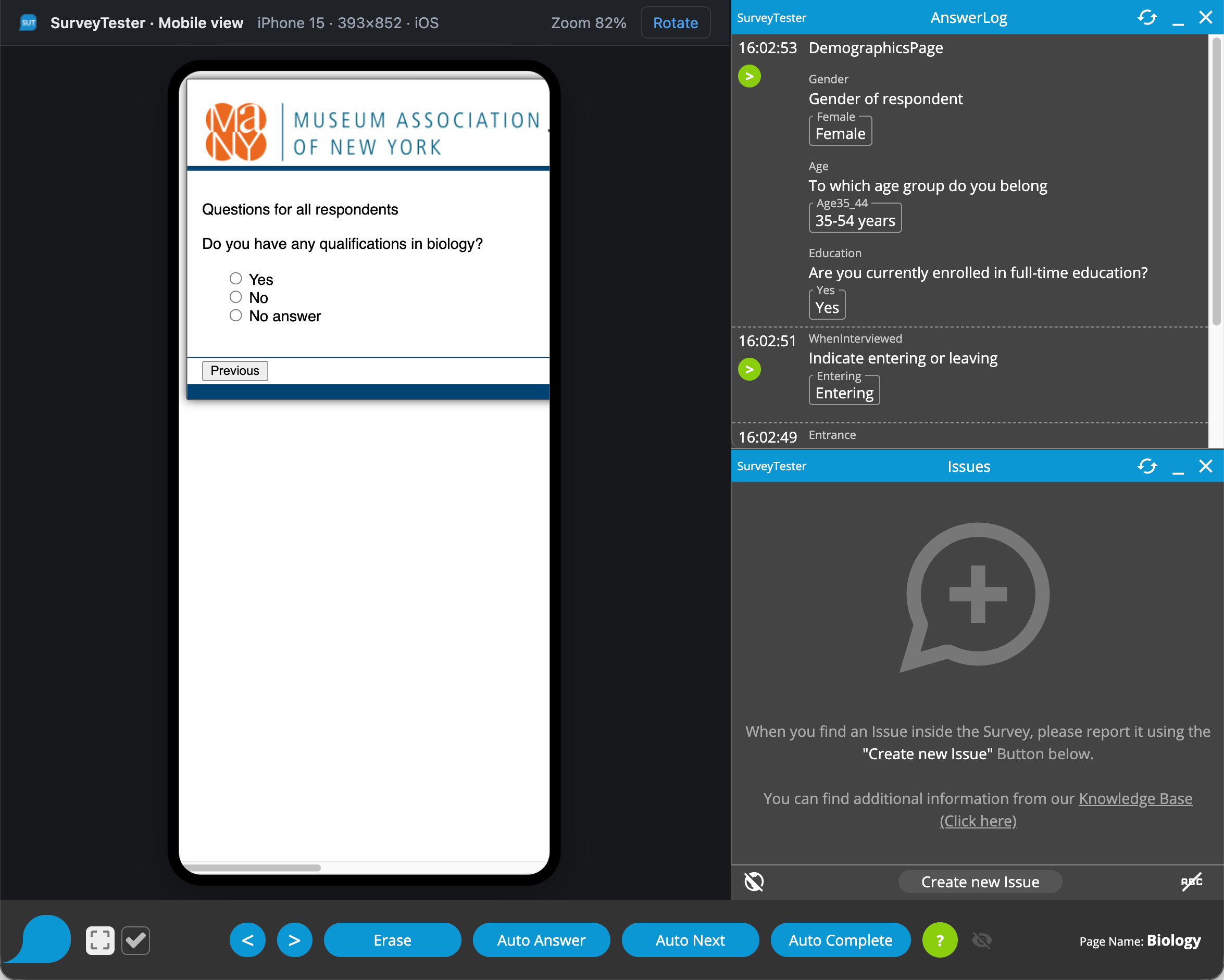 The Mobile view window with a survey page in portrait orientation; the bar at the top shows device name, screen size and operating system