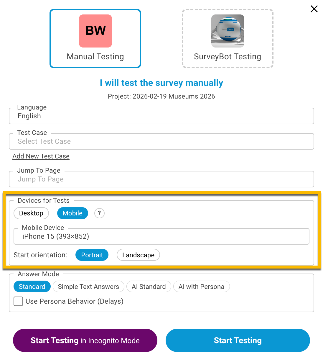 The Test Survey dialog in Manual Testing mode with Mobile selected under Devices for Tests, a device chosen in Mobile Device and Portrait as the start orientation